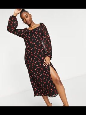 Missguided Black Midi Dress with Red Floral Print and Side Slit